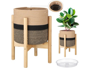 Woven Plant Basket + Stand (10 Inch,Black and Beige Stripes)